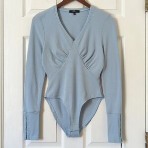 7 For All Mankind Ribbed Knit V-neck Long Sleeve Fitted Bodysuit Baby Blue Small